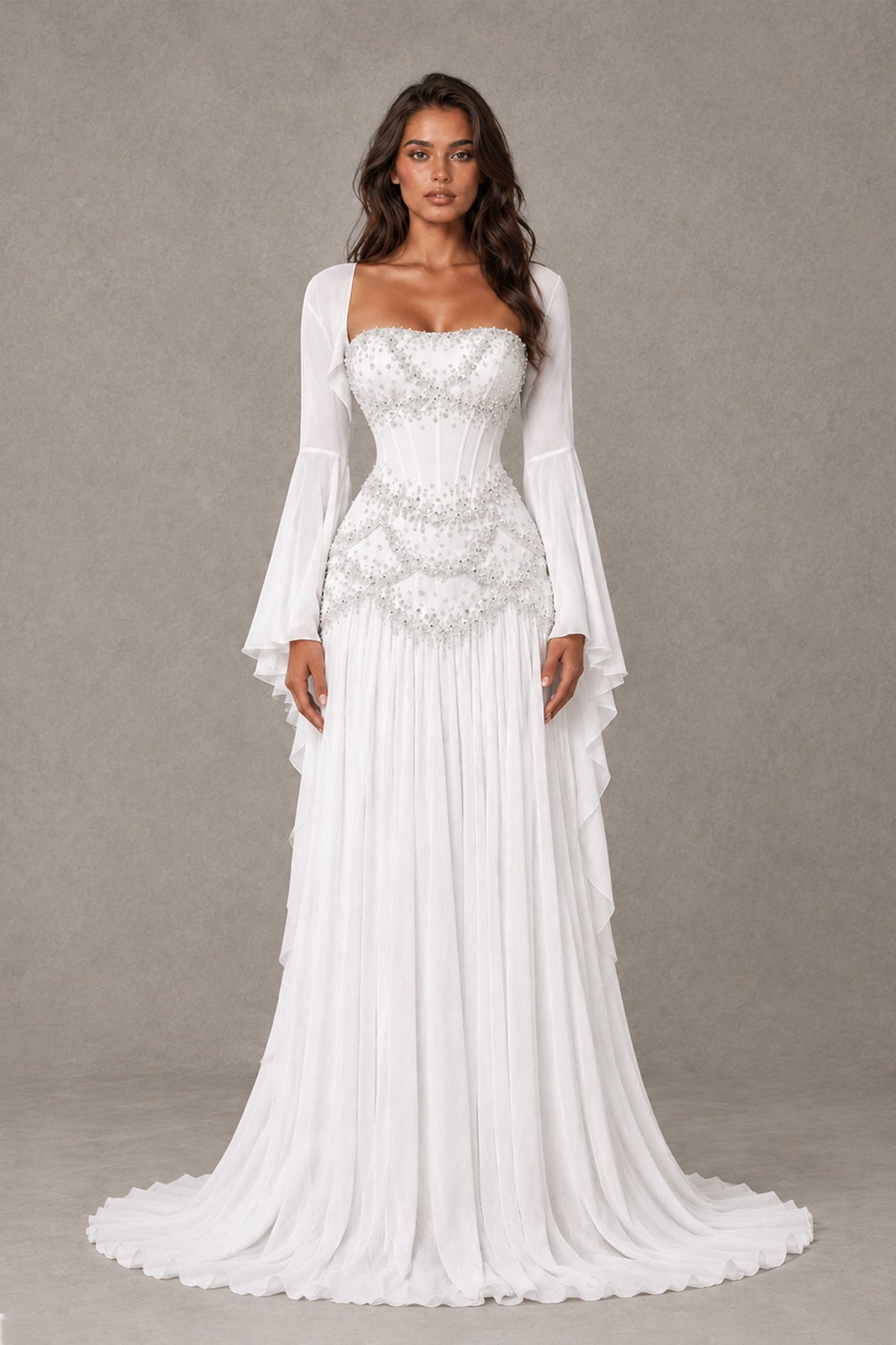 BOLODOO White Embellished Corset Gown with Long Bell Sleeves - White