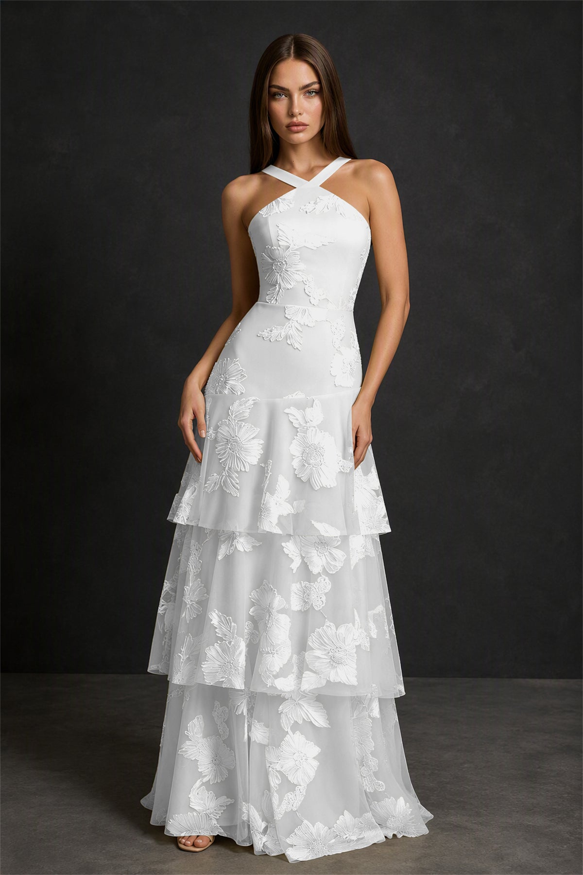 BOLODOO White Crisscross Halter Neck White Floral Embroidered Triple Tiered A-Line Tulle Maxi Dress - White
