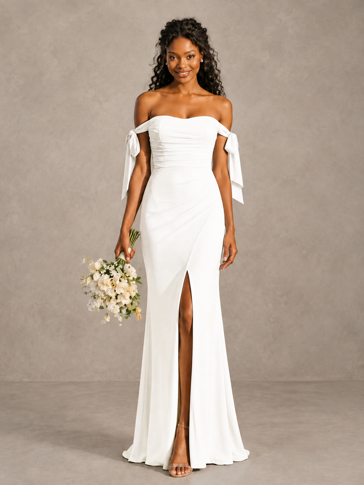 White Off-Shoulder Bow Bridesmaid Dress with Slit - White - White (1)