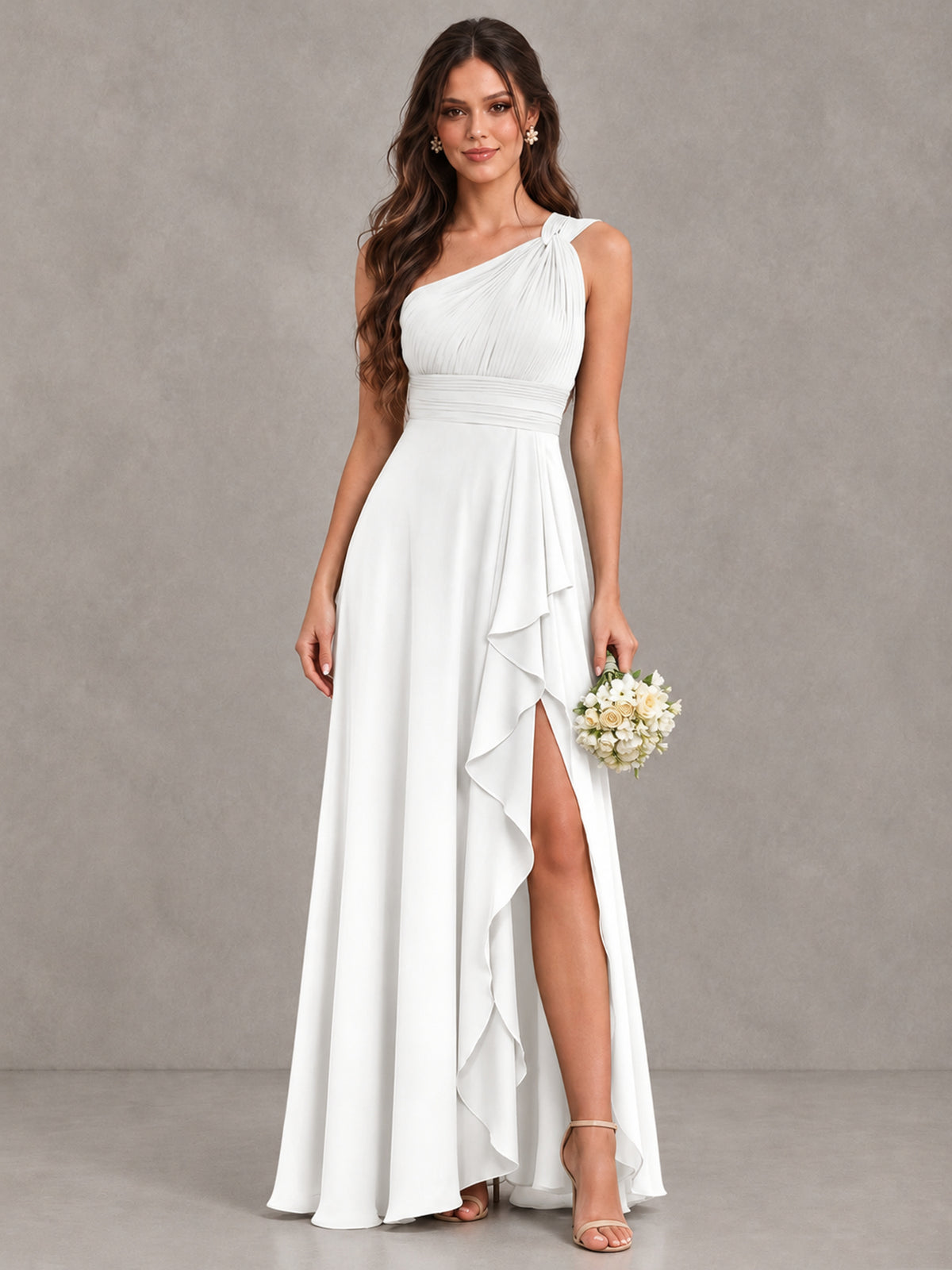 BOLODOO White One-Shoulder Ruffle Bridesmaid Dress with Slit - White - White (1)