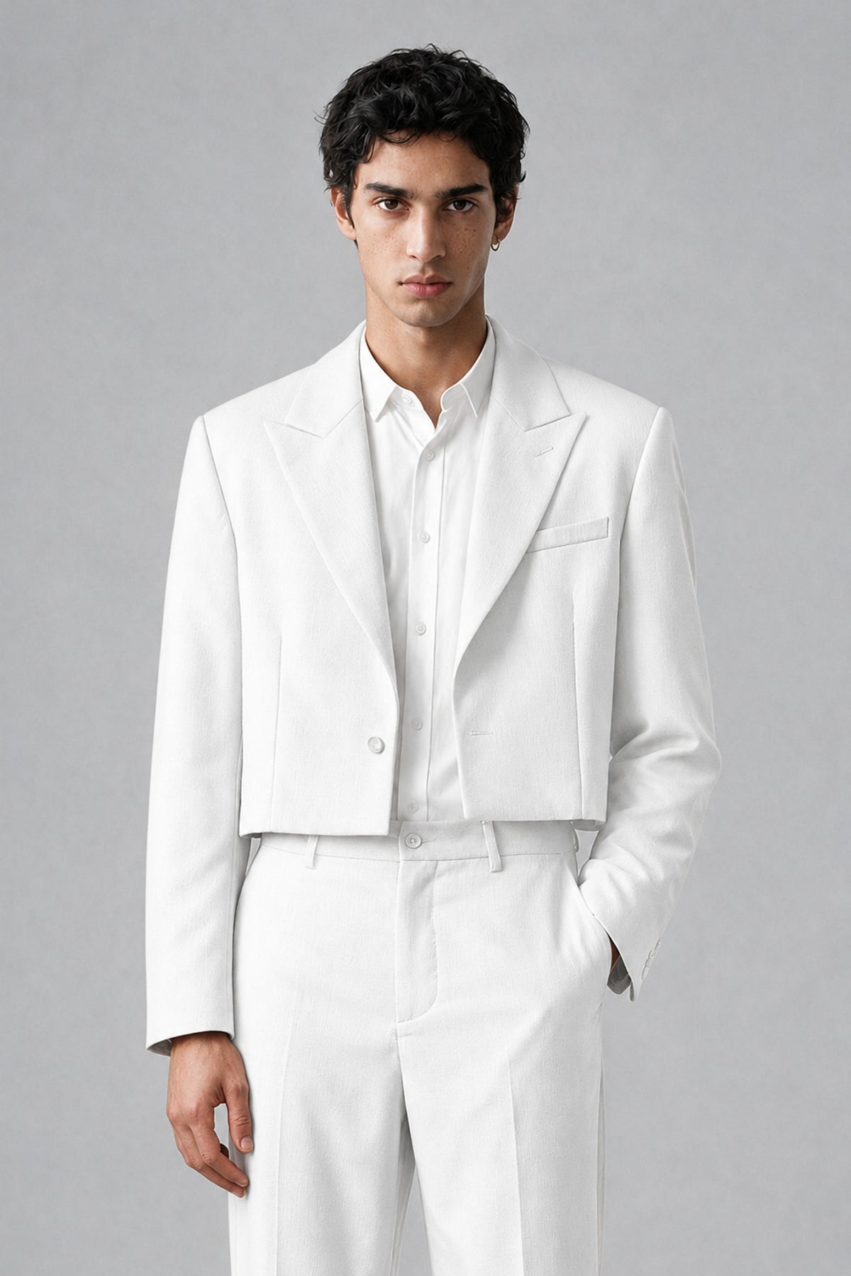 Bolodoo Men's White Cropped Blazer & Wide-Leg Trousers 2-Piece Suit - White - White (1)