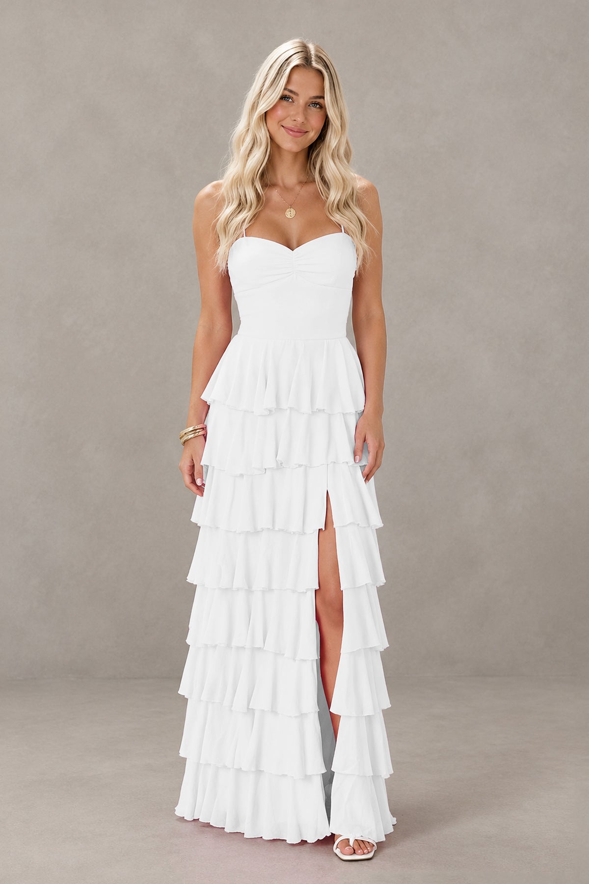 BOLODOO White Strapless Tiered Ruffle Maxi Dress with Slit & Lace-Up Back - White