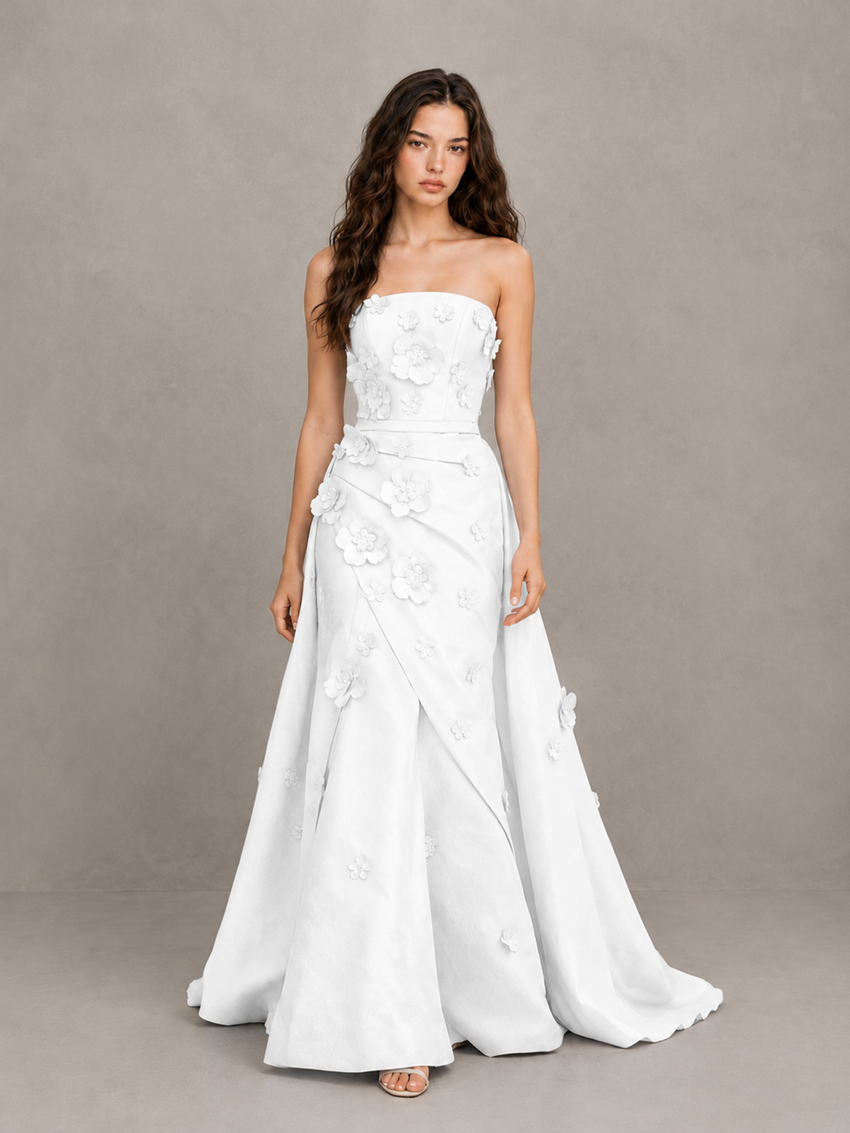 BOLODOO White Strapless 3D Floral Applique Prom Gown with Draped Skirt - White - White (1)