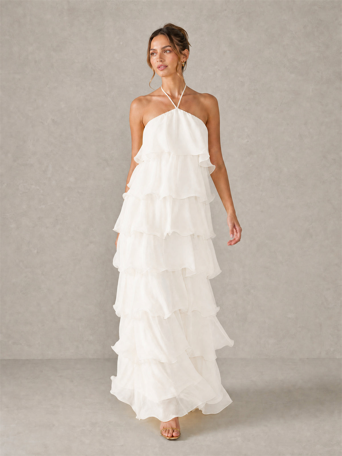BOLODOO White Halter Tiered Ruffle Chiffon Maxi Dress - White