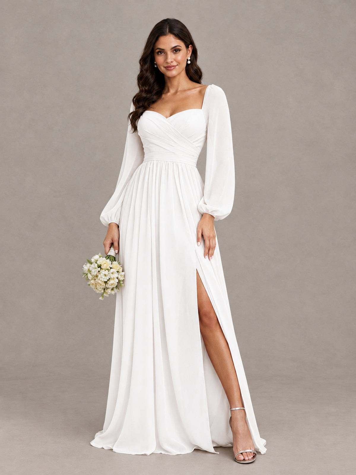 BOLODOO White Long Sleeve Chiffon Bridesmaid Dress with Slit - White - White (1)