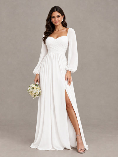 BOLODOO White Long Sleeve Chiffon Bridesmaid Dress with Slit - White - White (1)