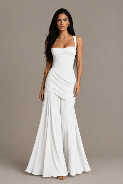 BOLODOO Square Neck Ruched A-Line Maxi Dress - White Backless Evening Gown - White