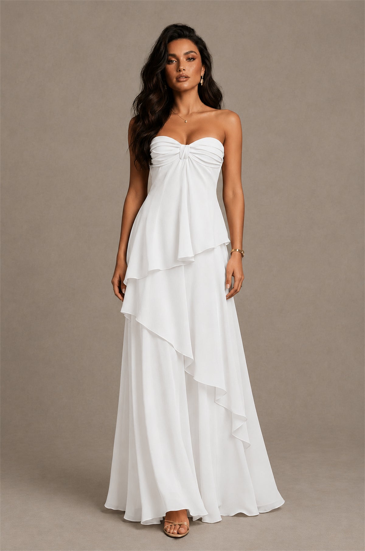 BOLODOO White Strapless Sweetheart Knotted Chiffon Tiered Maxi Dress with Lace-Up Back - White