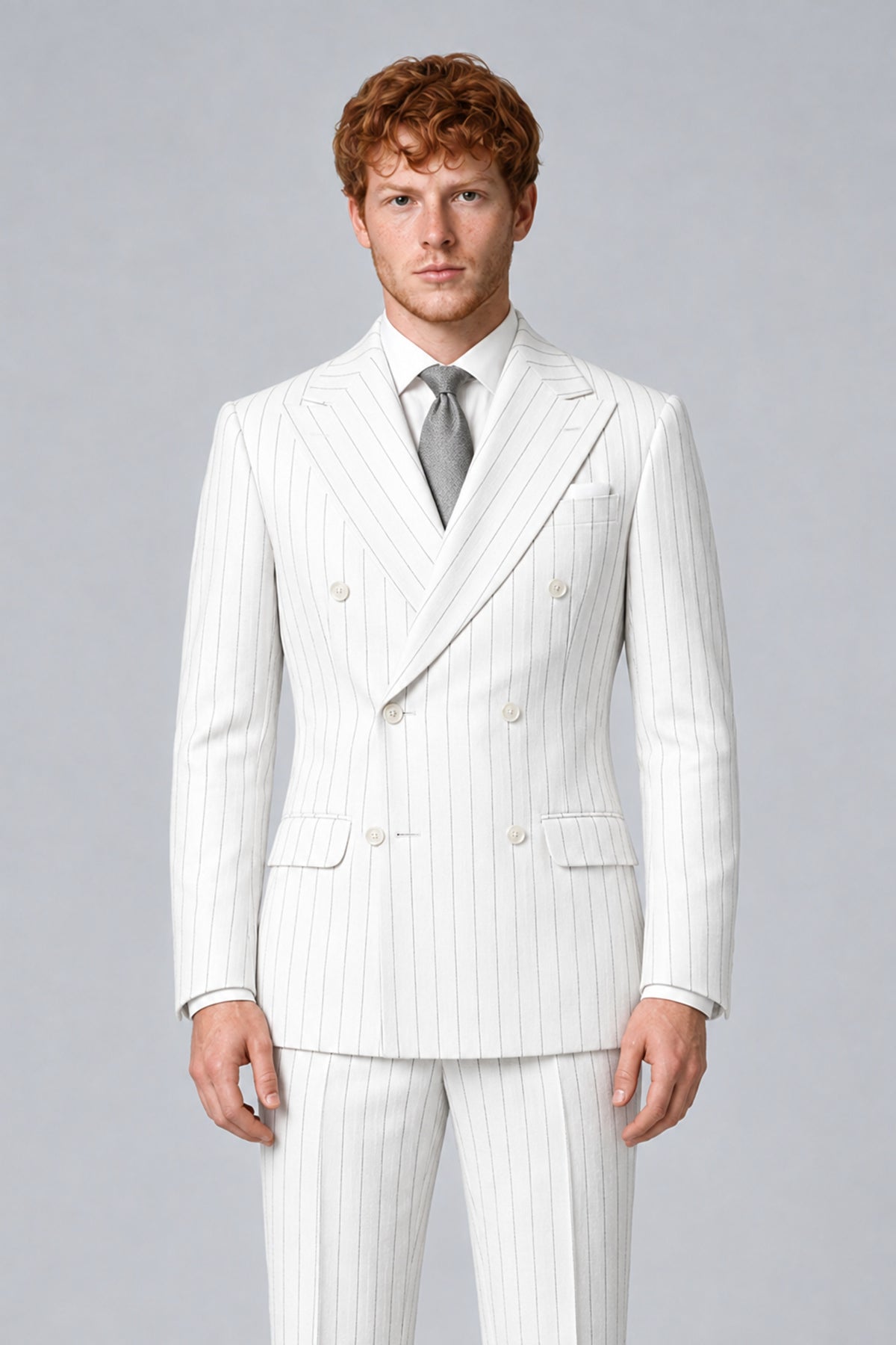 Bolodoo Men's White Pinstripe Double-Breasted 2-Piece Suit – Jacket & Trousers - White - White (1)