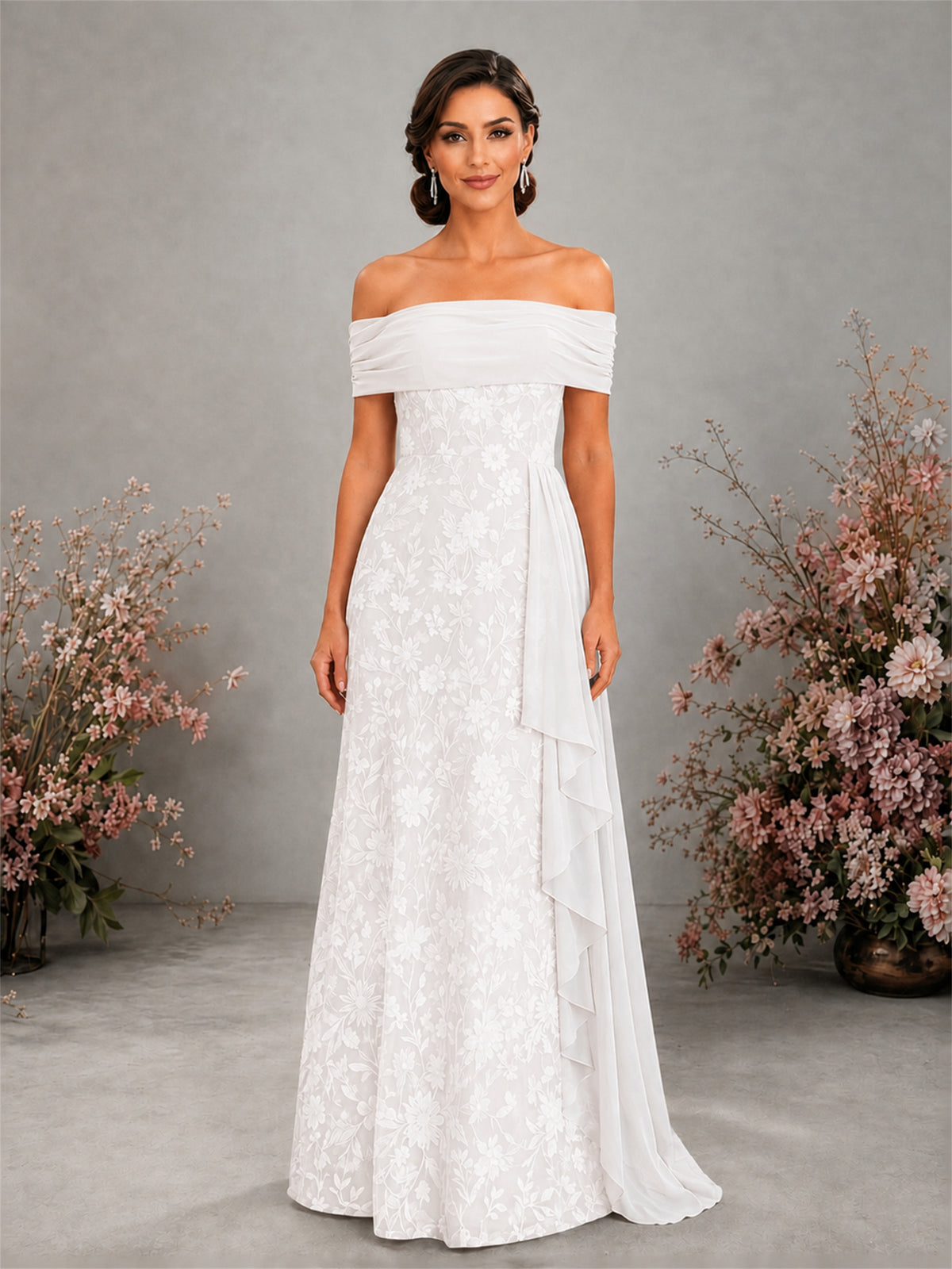 BOLODOO White Floral Embroidered Off-Shoulder A-Line Floor Length Gown | Mother of the Bride & Evening - White - White (1)