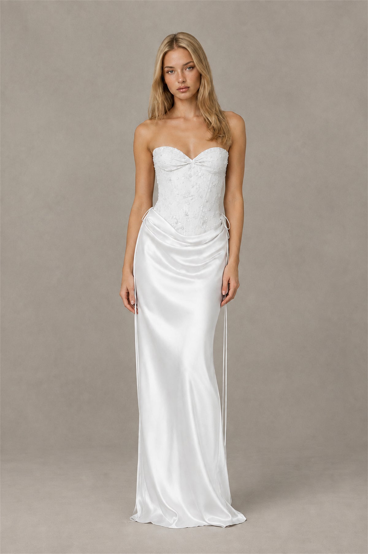 BOLODOO White Strapless Embellished Corset Satin-Look Maxi Dress - White