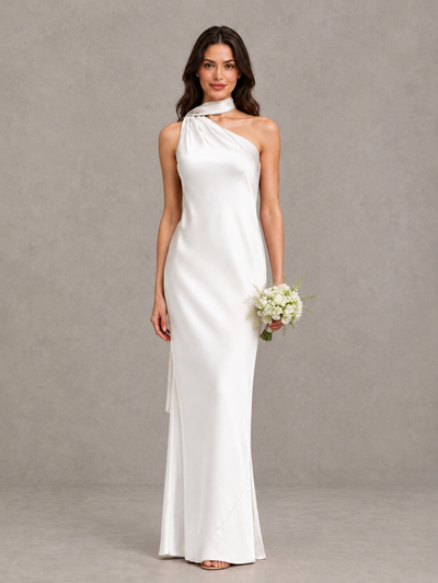 BOLODOO White Satin One-Shoulder Bridesmaid Dress with Open Back - White - White (1)