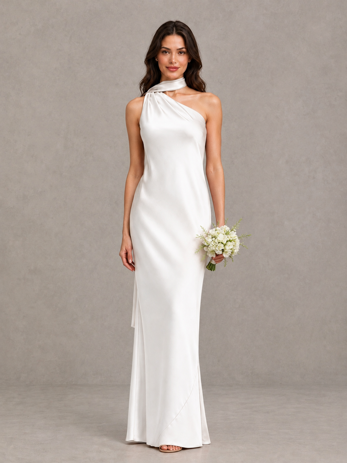 BOLODOO White Satin One-Shoulder Bridesmaid Dress with Open Back - White - White (1)