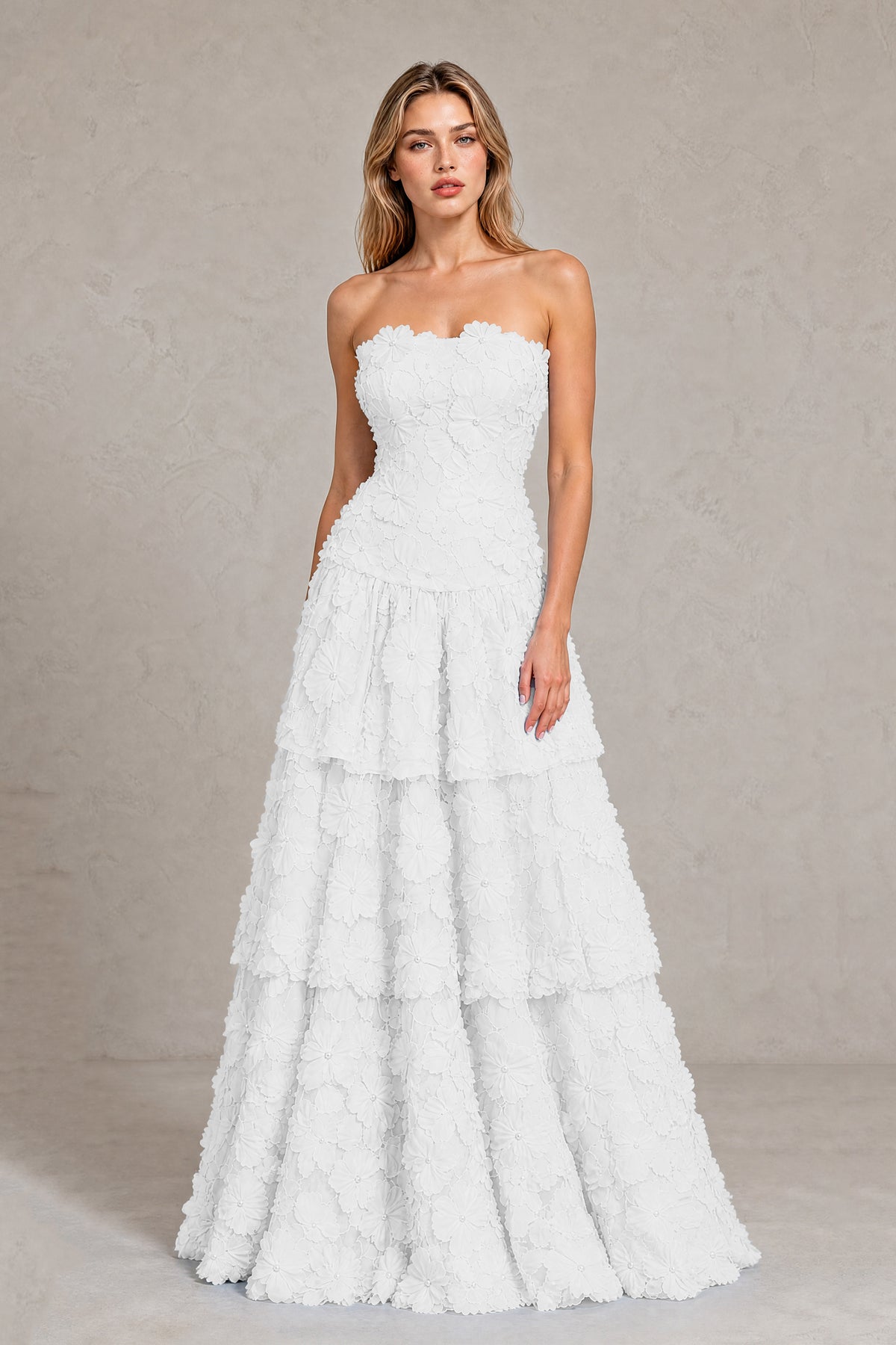 BOLODOO White Strapless 3D Floral Tiered Evening Gown - White