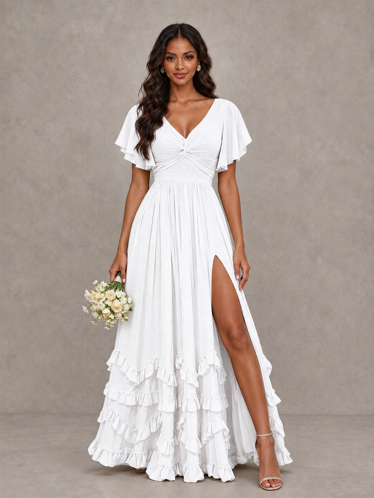 BOLODOO White V-Neck Flutter Sleeve Ruffle Bridesmaid Dress with Slit - White - White (1)