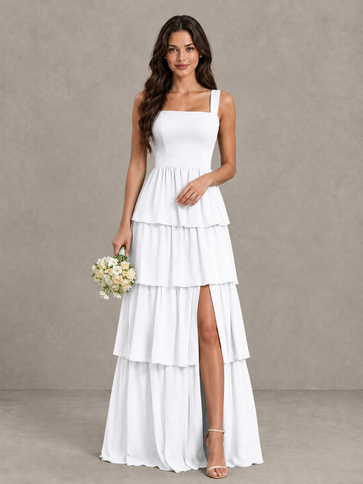 BOLODOO White Square Neck Tiered Bridesmaid Dress with Slit - White - White (1)