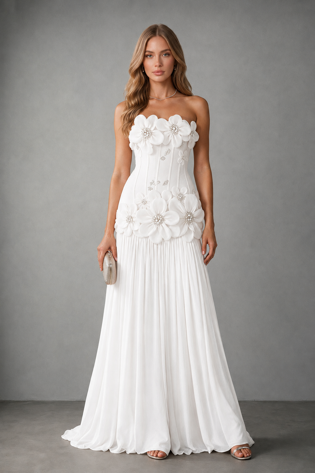 BOLODOO White Strapless Floral Appliqué Evening Gown - White