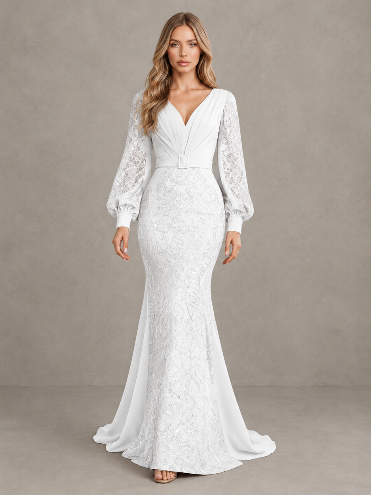 BOLODOO White Sequin Long Bishop Sleeve Mermaid Evening Dress - White - White (1)