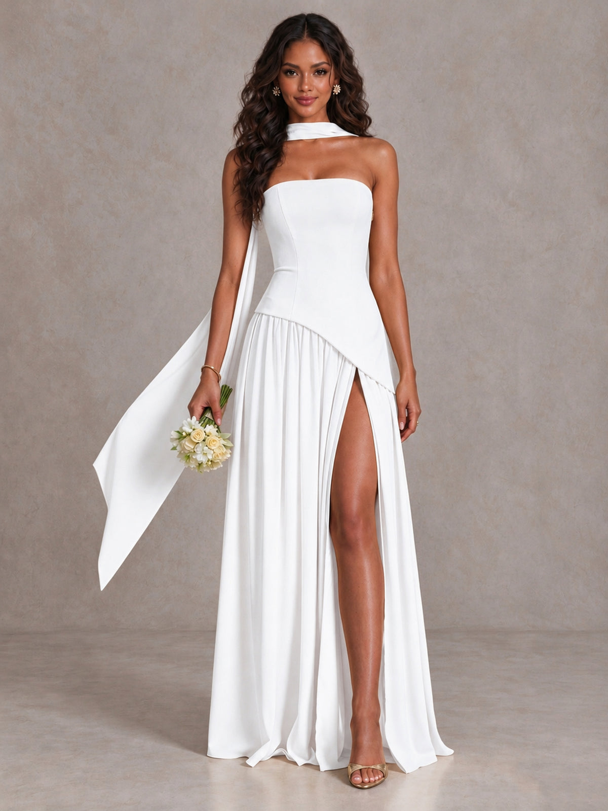 White Strapless Bridesmaid Dress with Scarf & High Slit - White - White (1)