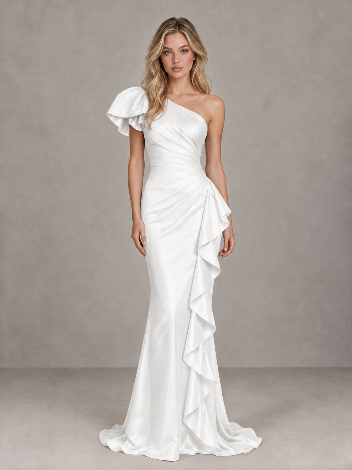 BOLODOO White One-Shoulder Satin-Look Mermaid Evening Dress with Ruffles - White - White (1)