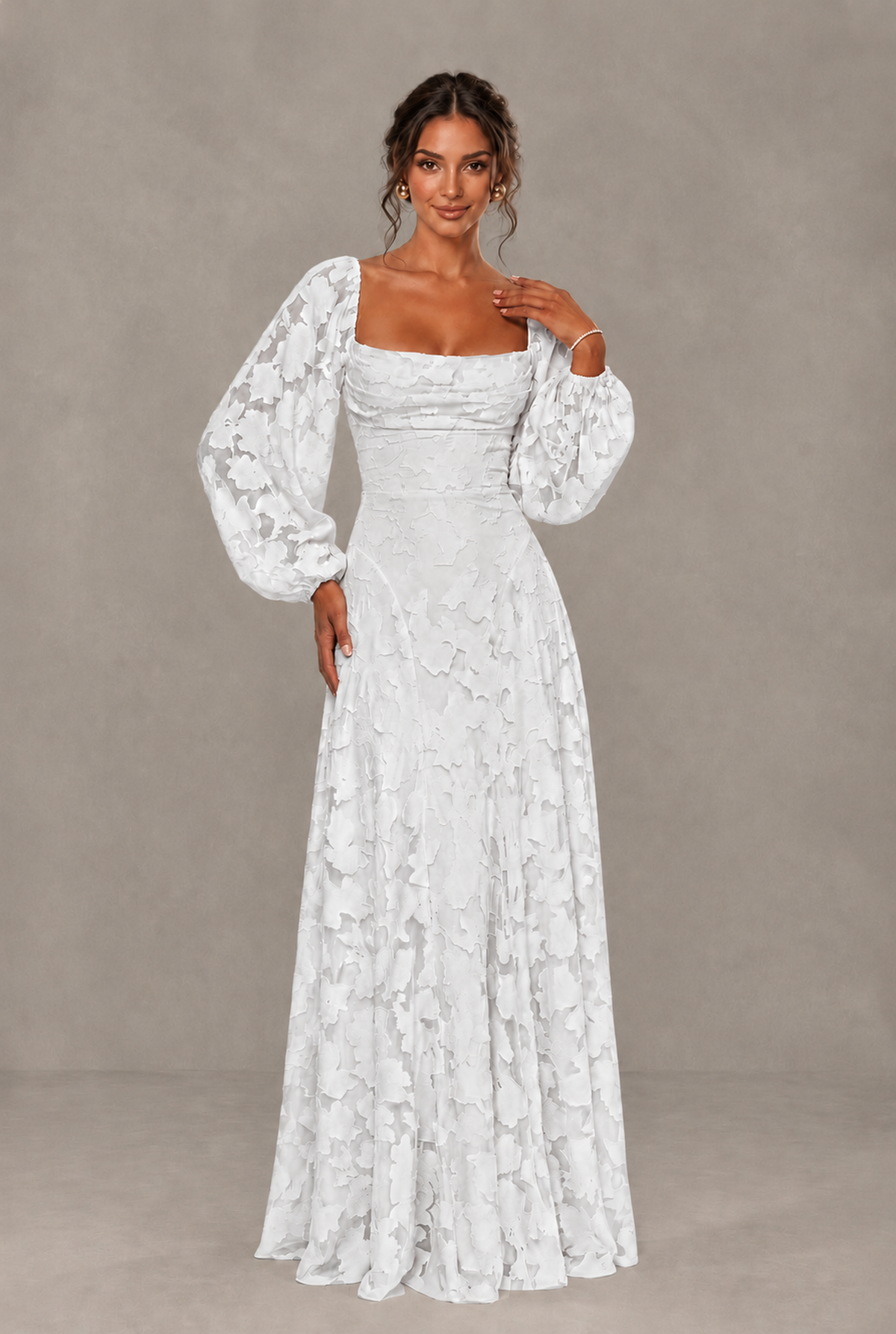 BOLODOO Floral White Long Sleeve A-Line Dress with Lace-Up Back - White