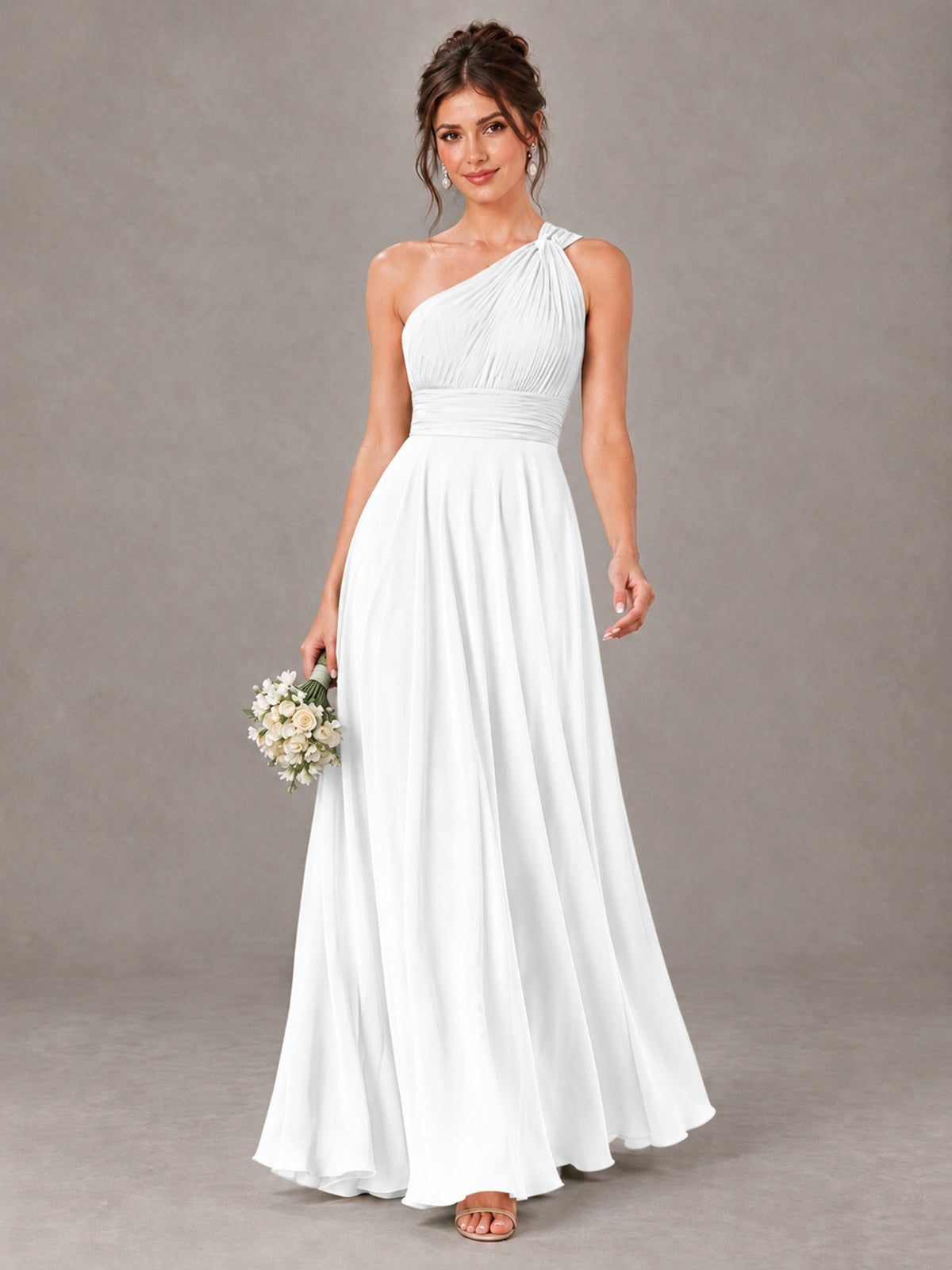 BOLODOO White One-Shoulder Chiffon-Look Bridesmaid Dress - White - White (1)