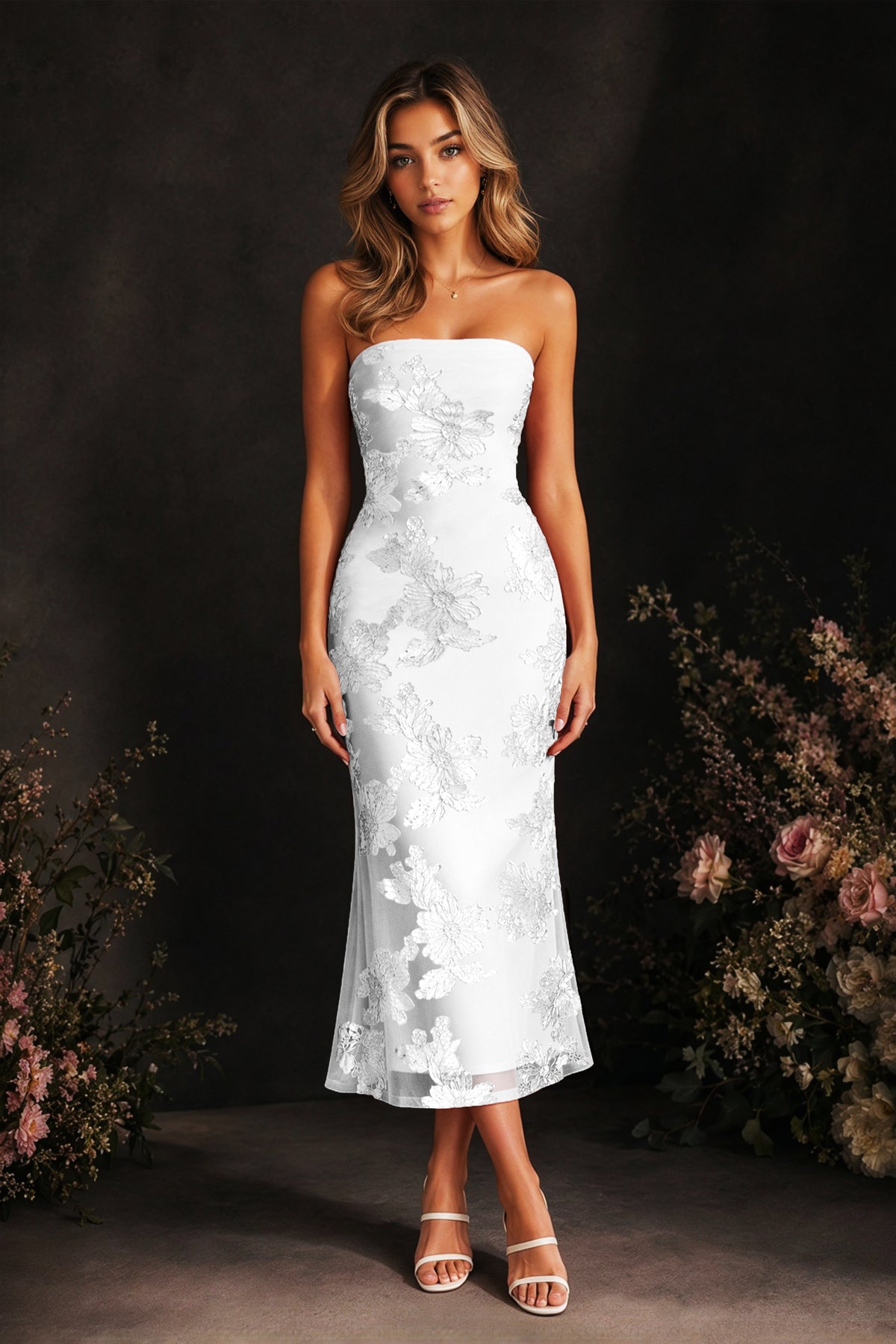 BOLODOO White Tonal Floral Embroidered Mesh Strapless Open Back Bodycon Midi Tea Length Dress - White