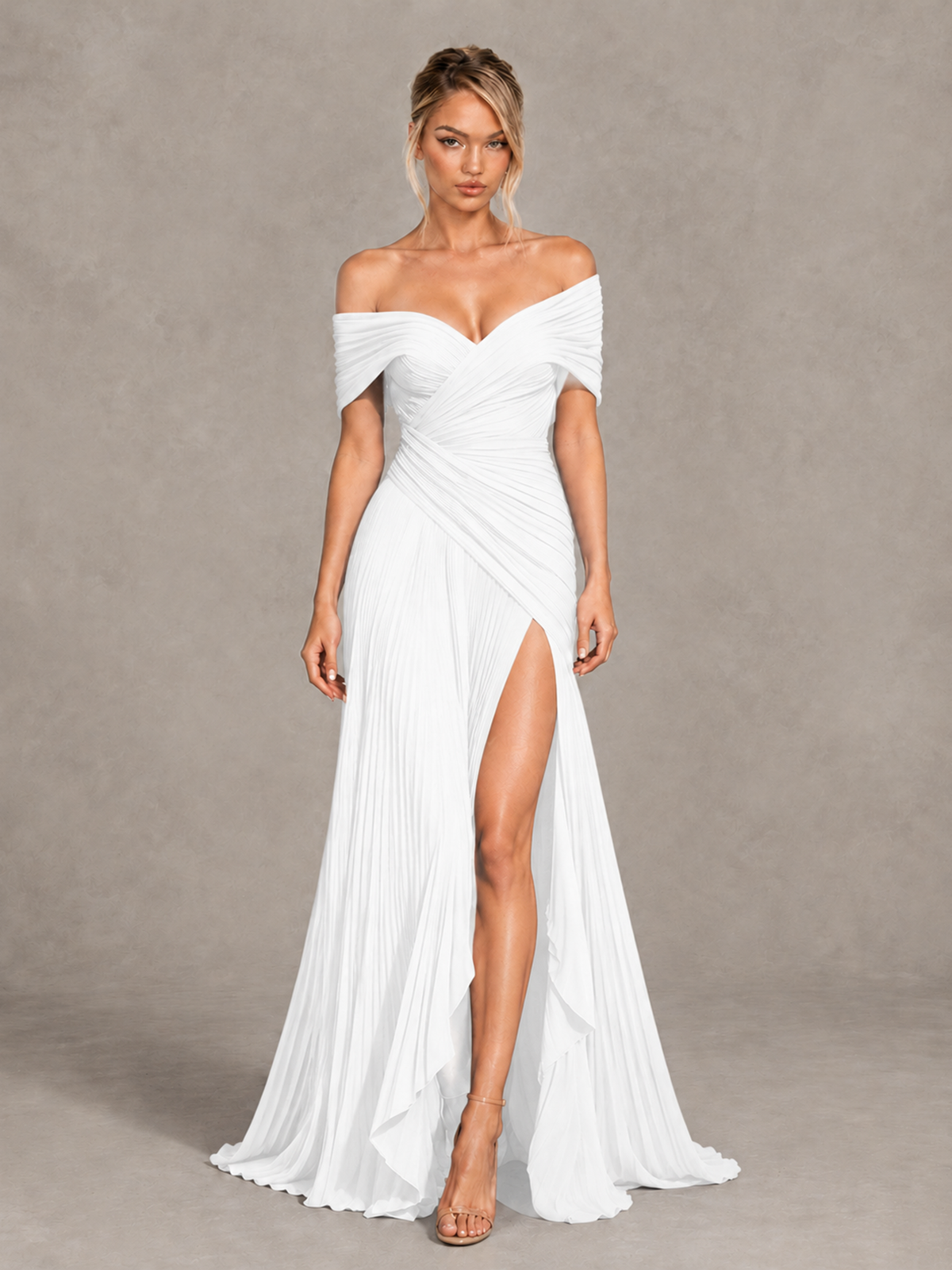 BOLODOO White Off-Shoulder Ruched Pleated Maxi Dress with High Slit - White - White (1)