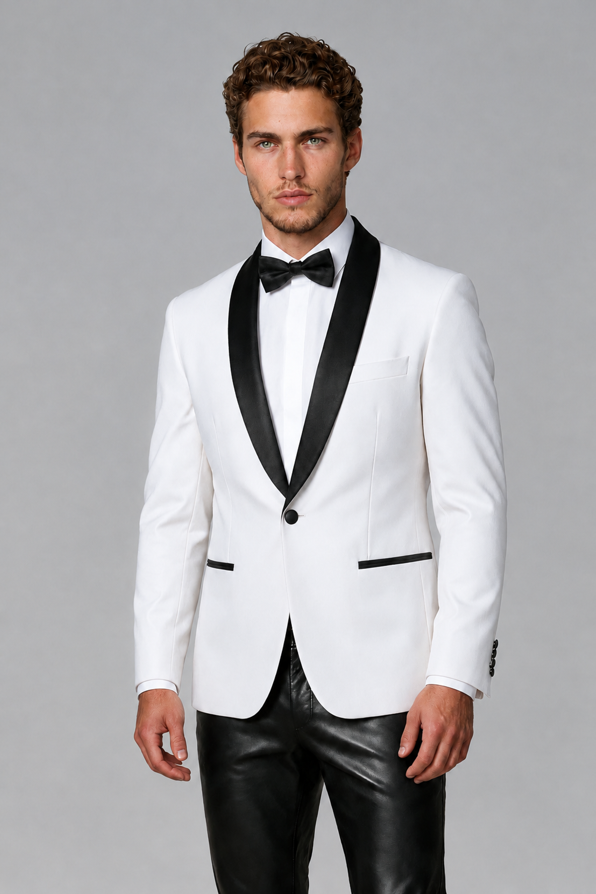 BOLODOO Men's White Tuxedo Blazer | Black Shawl Lapel Single-Breasted Formal Jacket - White - White (1)