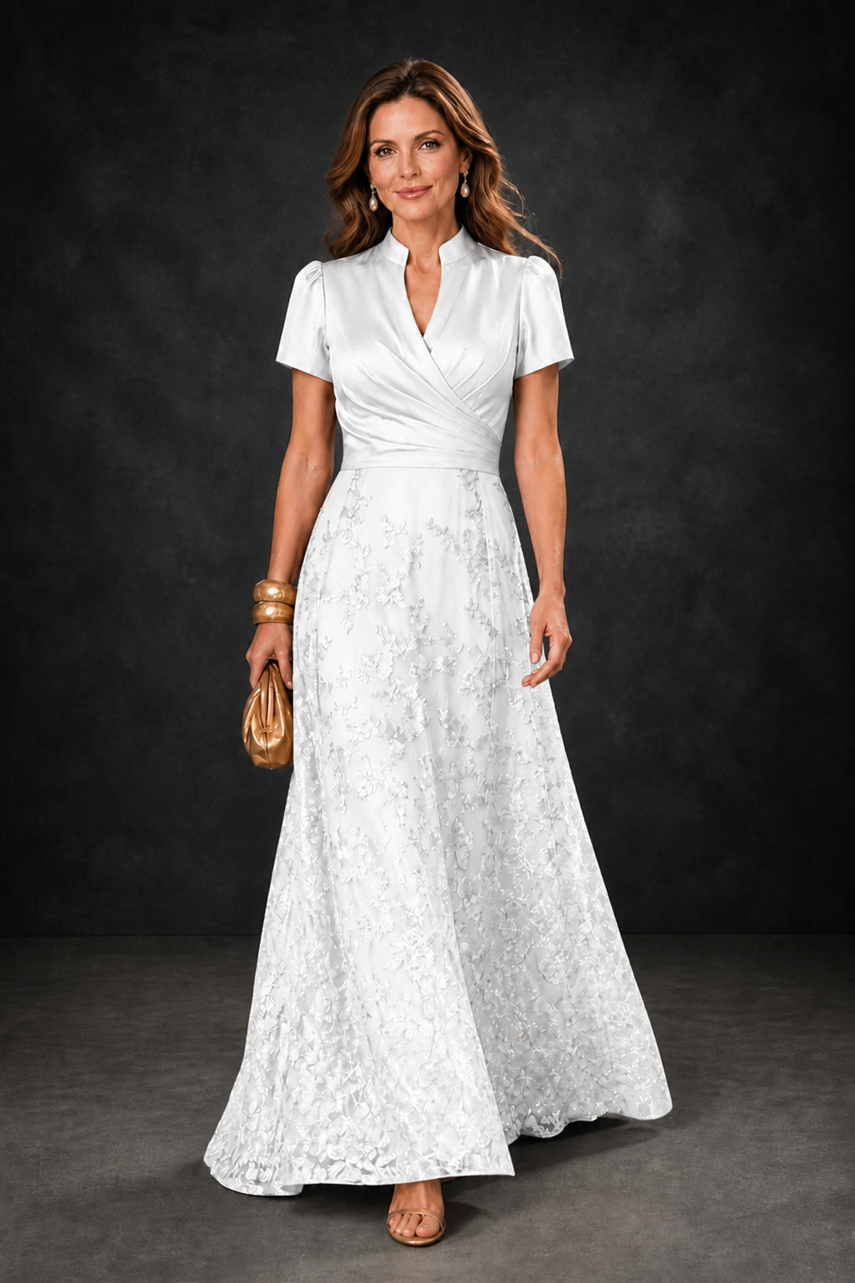 BOLODOO White Satin Wrap V-Neck Short Sleeve Lace Glitter A-Line Floor Length Evening Gown – Formal Dress - White - White (1)