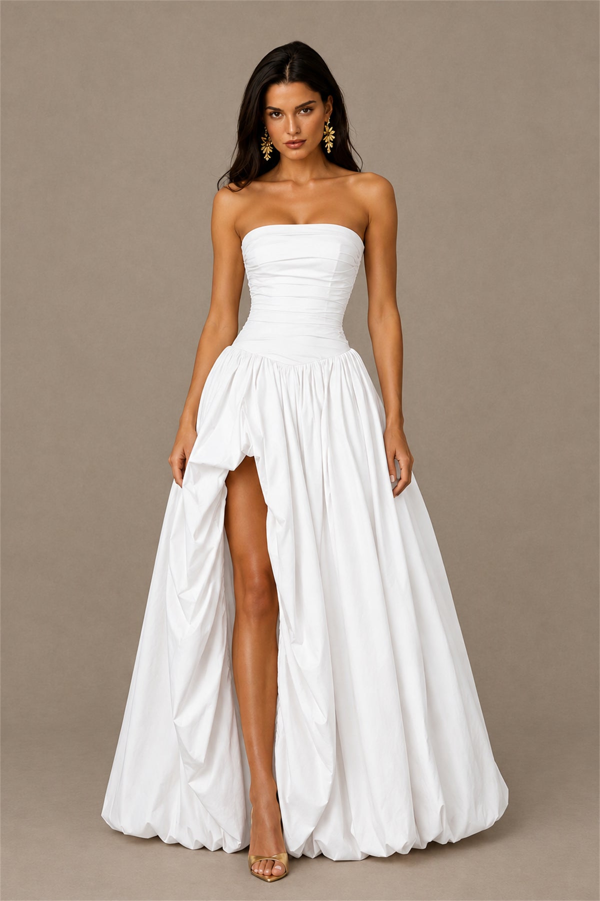 BOLODOO White Strapless Ruched Corset Lace-Up Back Bubble Skirt High Slit Taffeta Maxi Dress - White