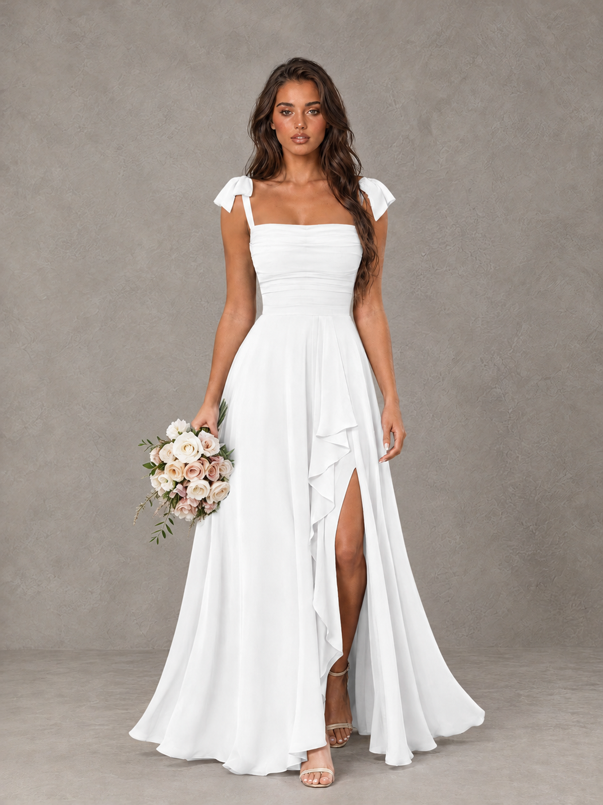 BOLODOO White Bow-Strap Bridesmaid Dress with Ruffle Slit - White - White (1)