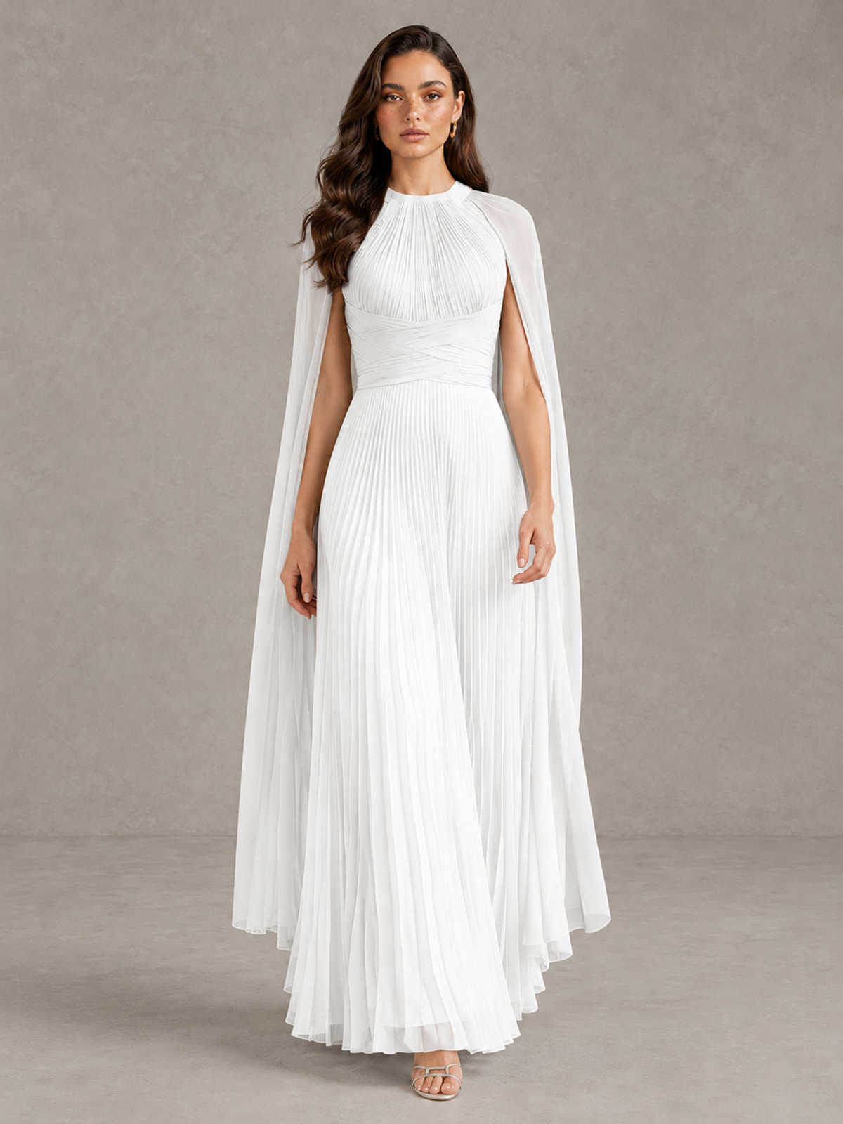 BOLODOO White Pleated Cape Maxi Wedding Guest Dress - White - White (1)