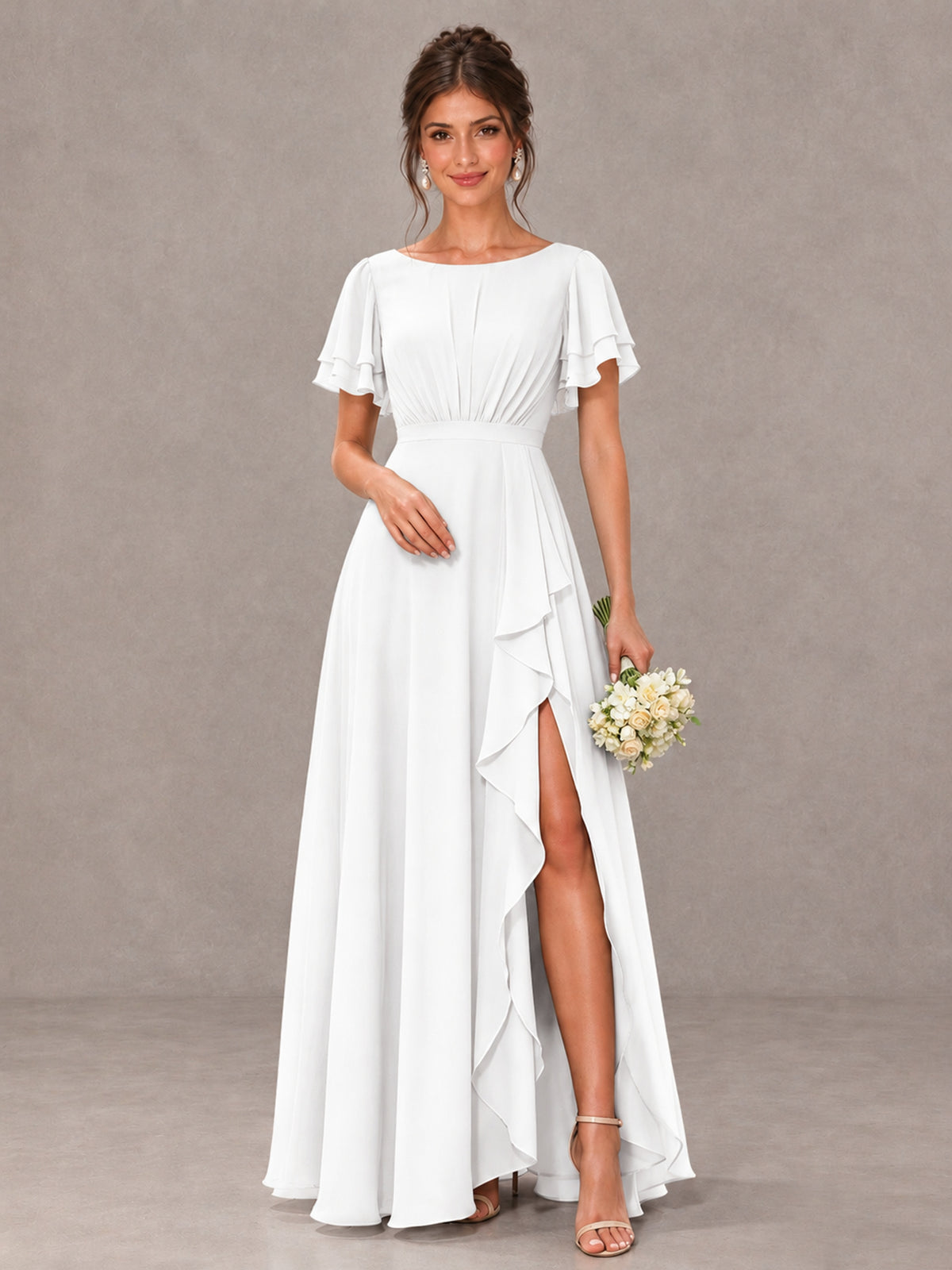 BOLODOO White Flutter Sleeve Ruffle Bridesmaid Dress with Slit - White - White (1)