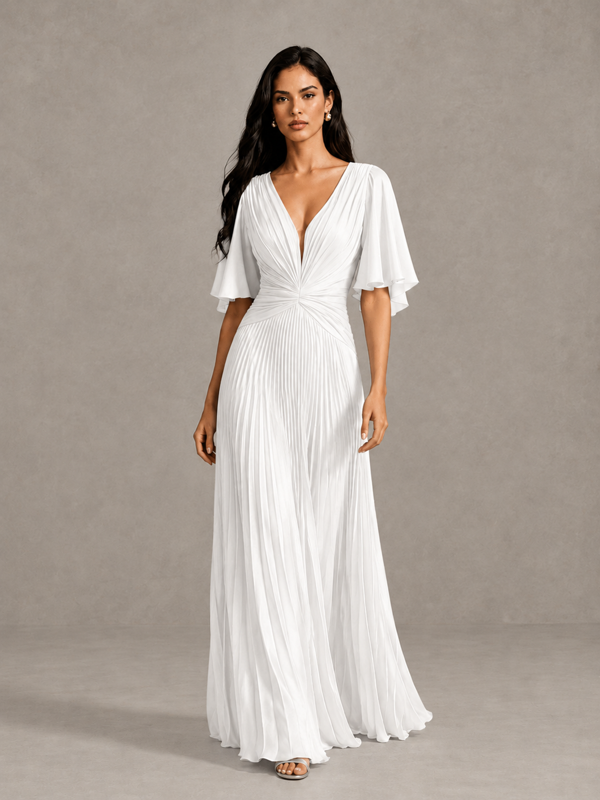 BOLODOO White Pleated V-Neck Flutter Sleeve Bridesmaid Dress - White - White (1)
