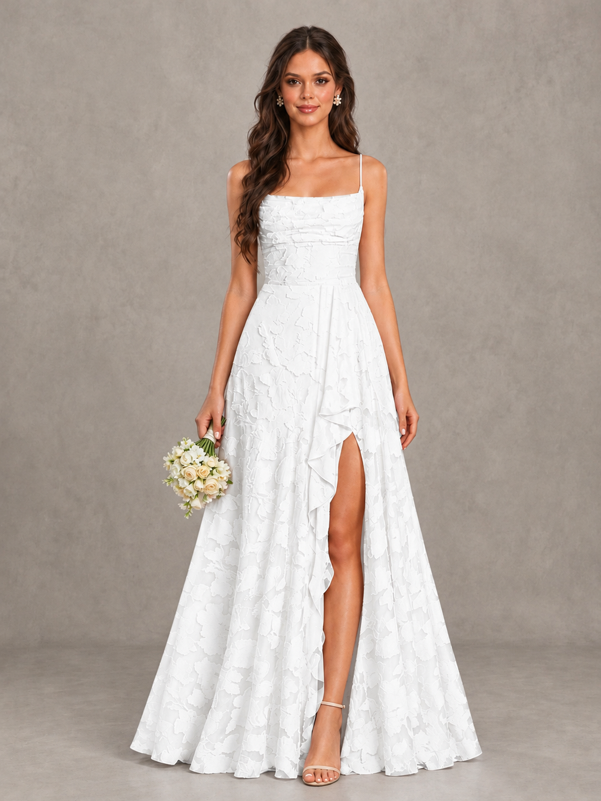 BOLODOO White Floral Appliqué Slit Maxi Dress - White - White (1)