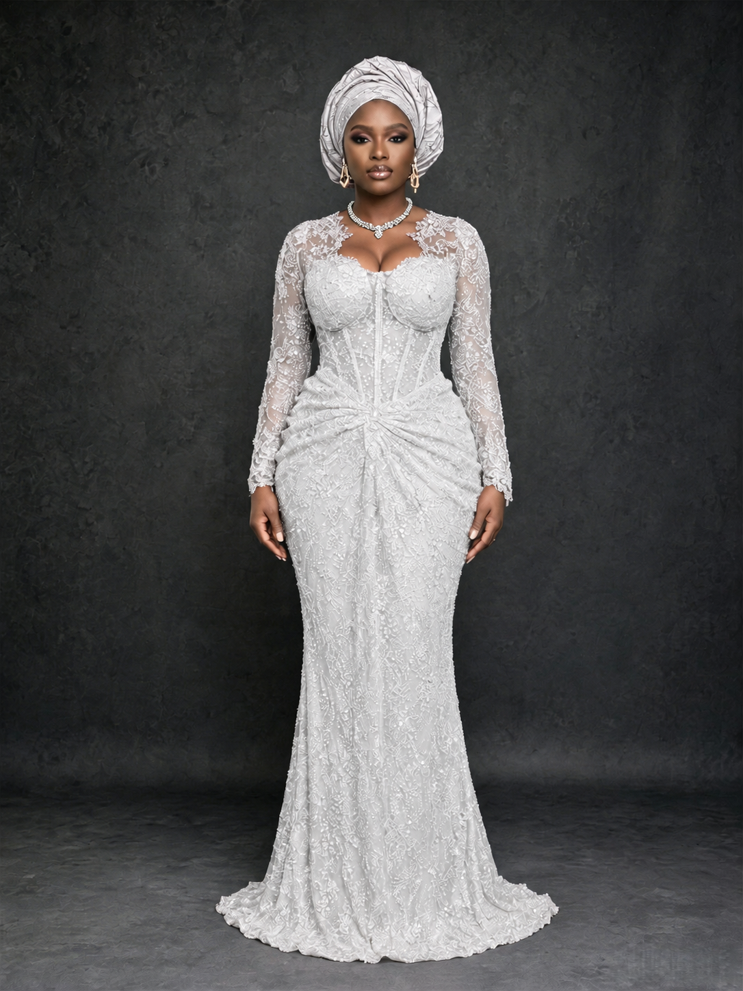 BOLODOO White Beaded Lace Long Sleeve Mermaid Gown Sweetheart | Mother of the Bride - White