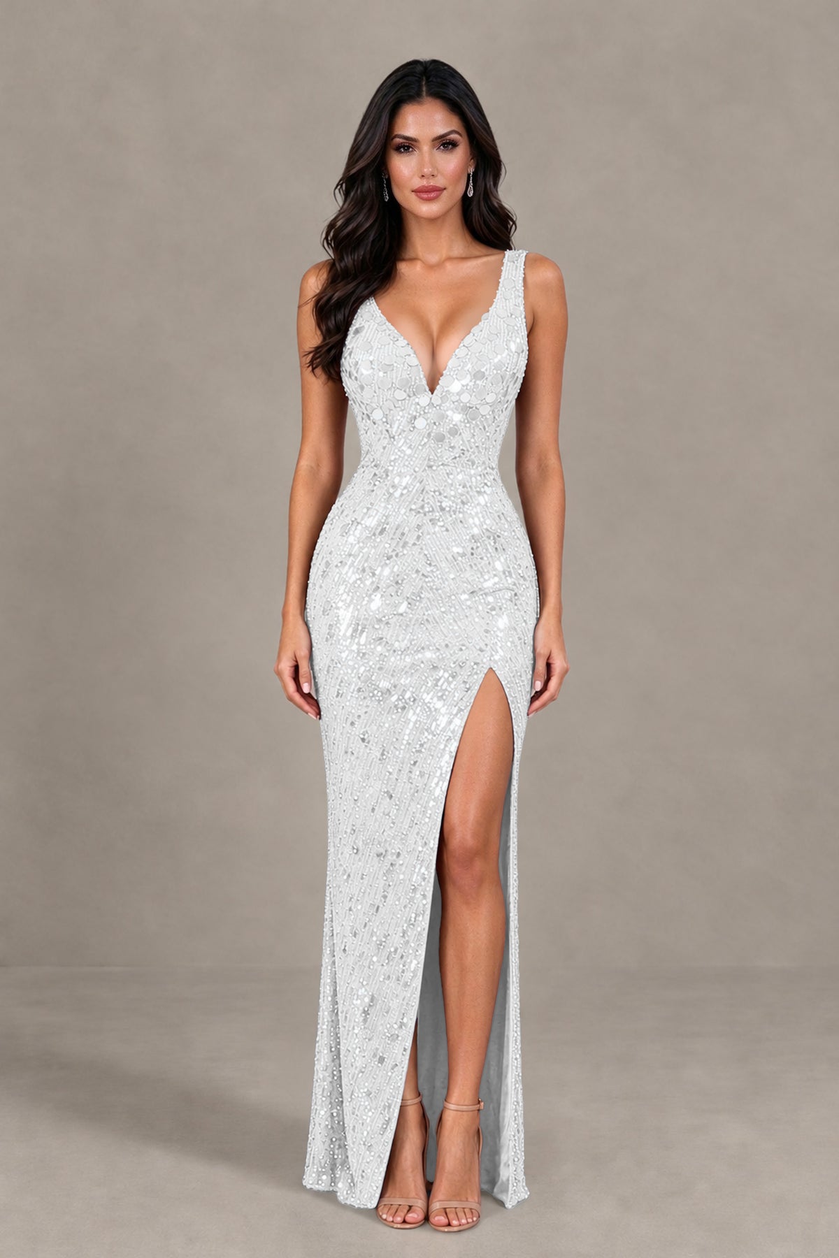 BOLODOO White Sequin Deep V-Neck Lace-Up Back High-Slit Evening Dress - White - White (1)