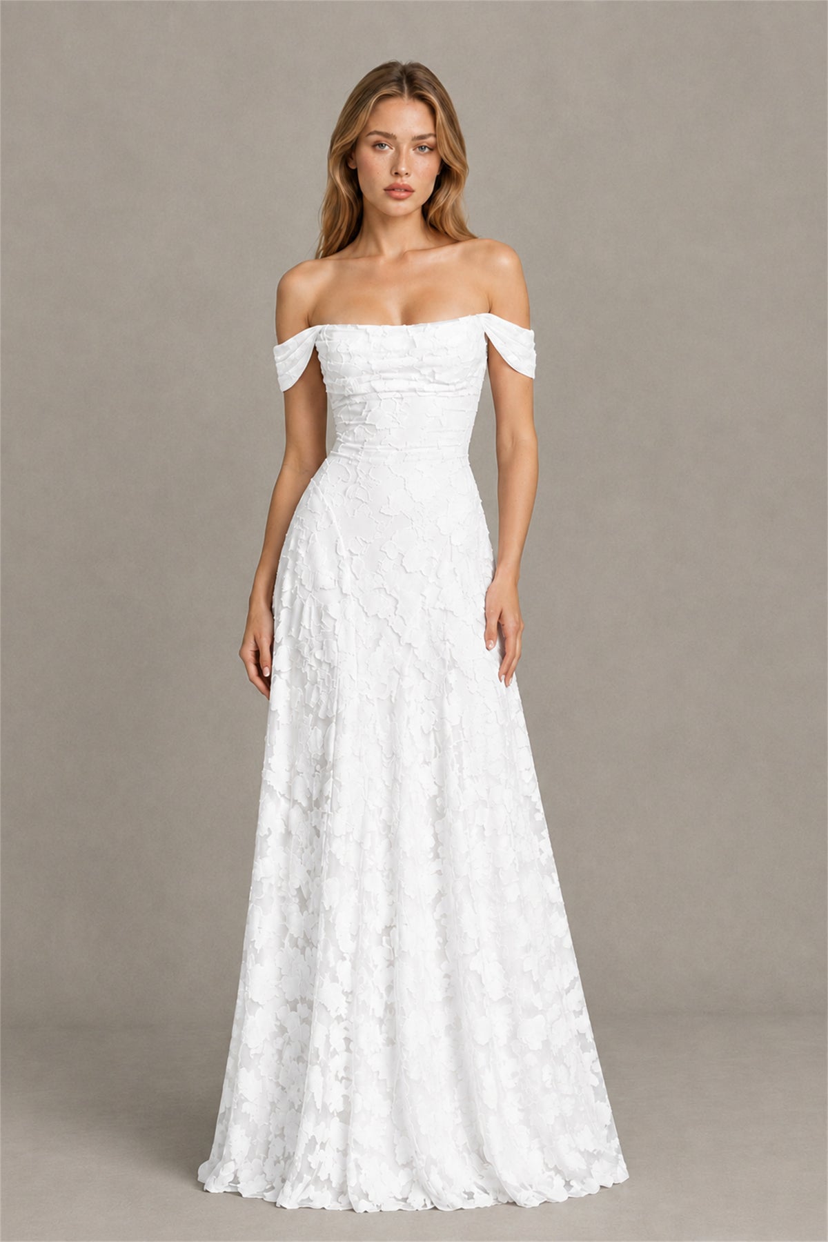 BOLODOO White Off-Shoulder Pleated A-Line Maxi Dress Floral - White