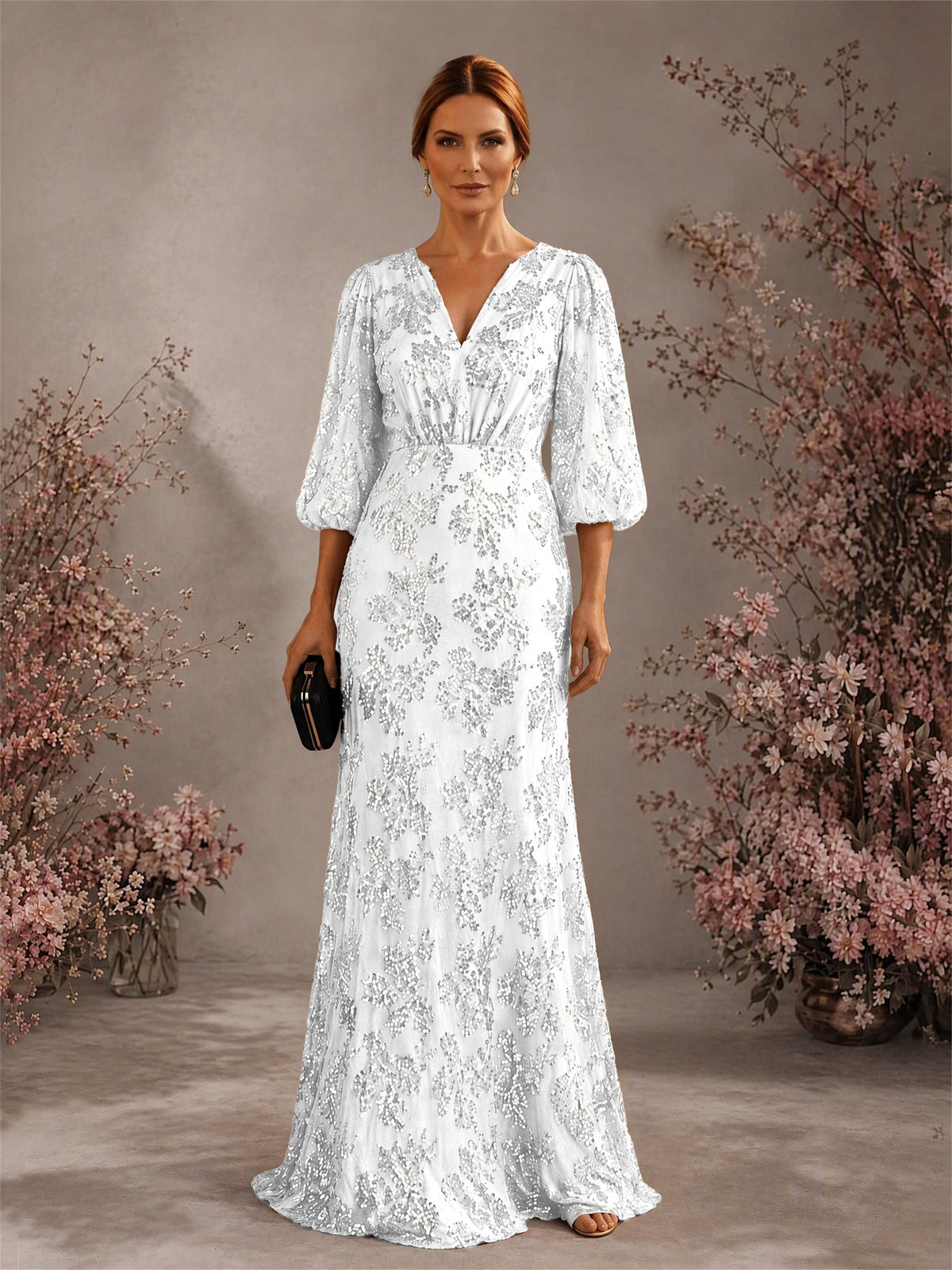 BOLODOO White V-Neck Lantern Sleeve All-Over Sequin Floral Embroidered Mermaid Gown - White