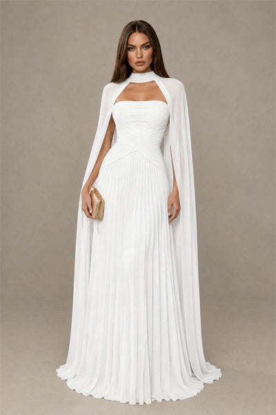 BOLODOO White Strapless Crossover Ruched Bodice Detached Turtleneck Cape Lace-Up Back Pleated Chiffon Maxi Dress - White