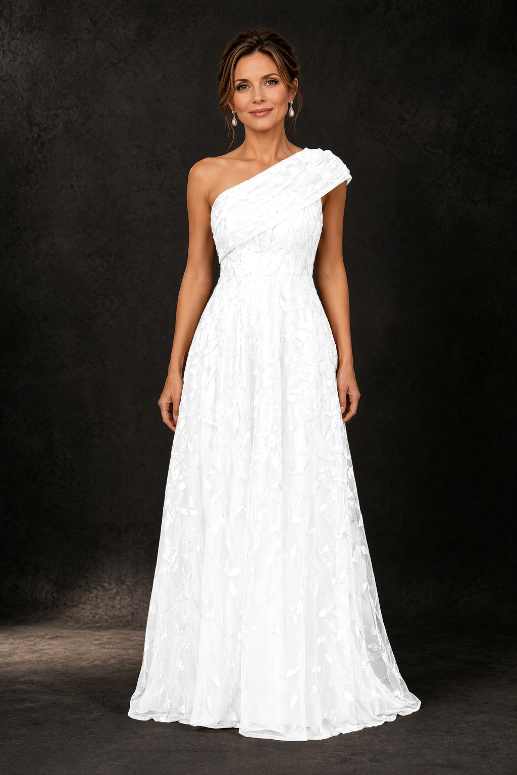 BOLODOO White Leaf Sequin One-Shoulder A-Line Maxi Gown – Mother of the Bride & Formal Evening Dress - White