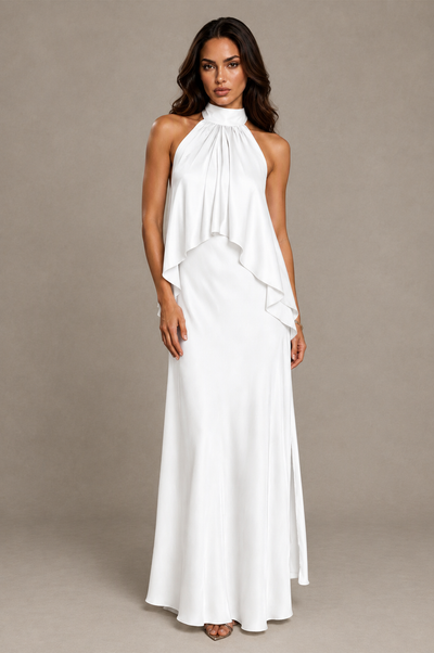 BOLODOO White Halter Neck Cascading Ruffle Cape Open Back Side Slit Satin Maxi Dress - White