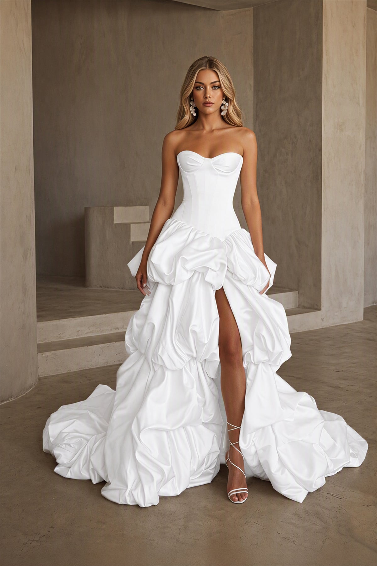 BOLODOO White Strapless Sweetheart Boned Corset Bubble Skirt Wedding Gown with High Slit and Train - White