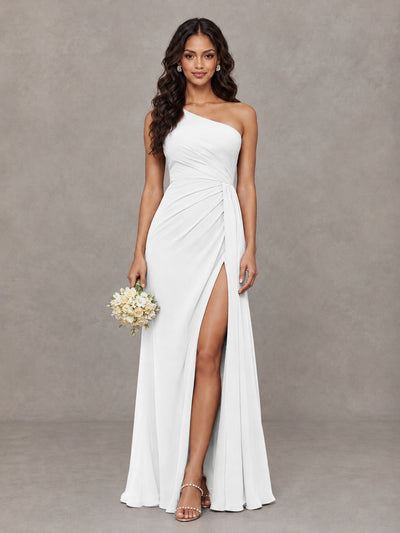 BOLODOO White One-Shoulder Chiffon Bridesmaid Dress with Ruched Bodice & High Slit - White - White (1)