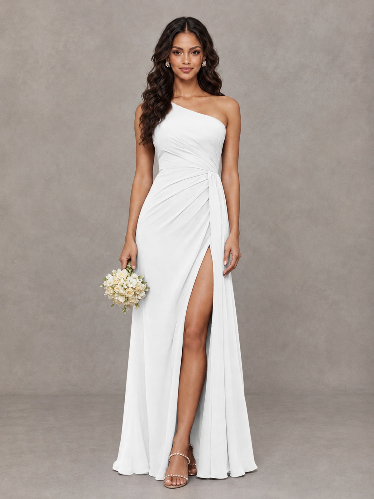 BOLODOO White One-Shoulder Chiffon Bridesmaid Dress with Ruched Bodice & High Slit - White - White (1)
