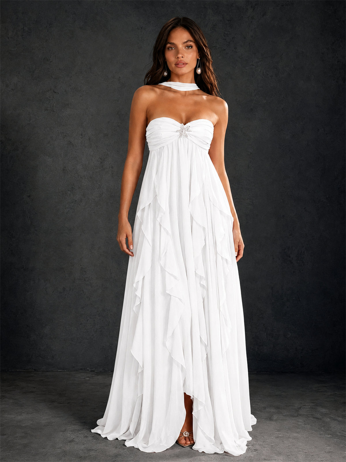BOLODOO White Halter Neck Cascading Ruffle Chiffon Maxi Dress | Keyhole Open Back - White