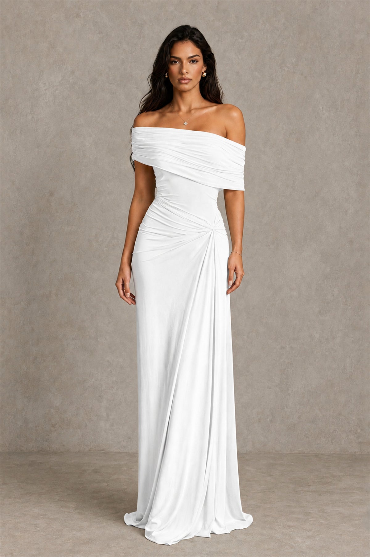BOLODOO White Off-Shoulder Ruched Maxi Dress - White