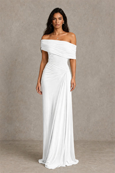 BOLODOO White Off-Shoulder Ruched Maxi Dress - White