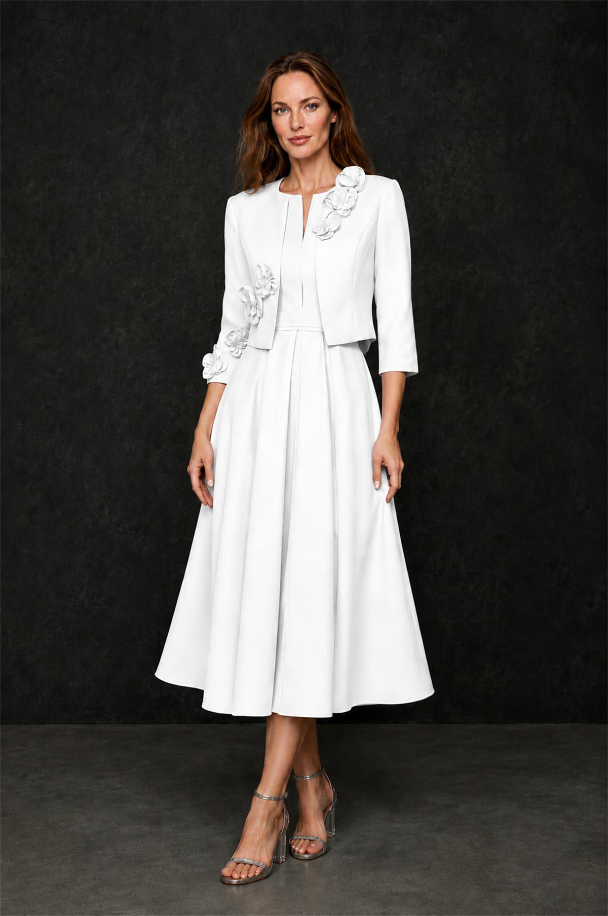 BOLODOO White 3D Rosette Appliqué 3/4 Sleeve Jacket & V-Notch Sleeveless A-Line Tea-Length Two-Piece Dress Set - White